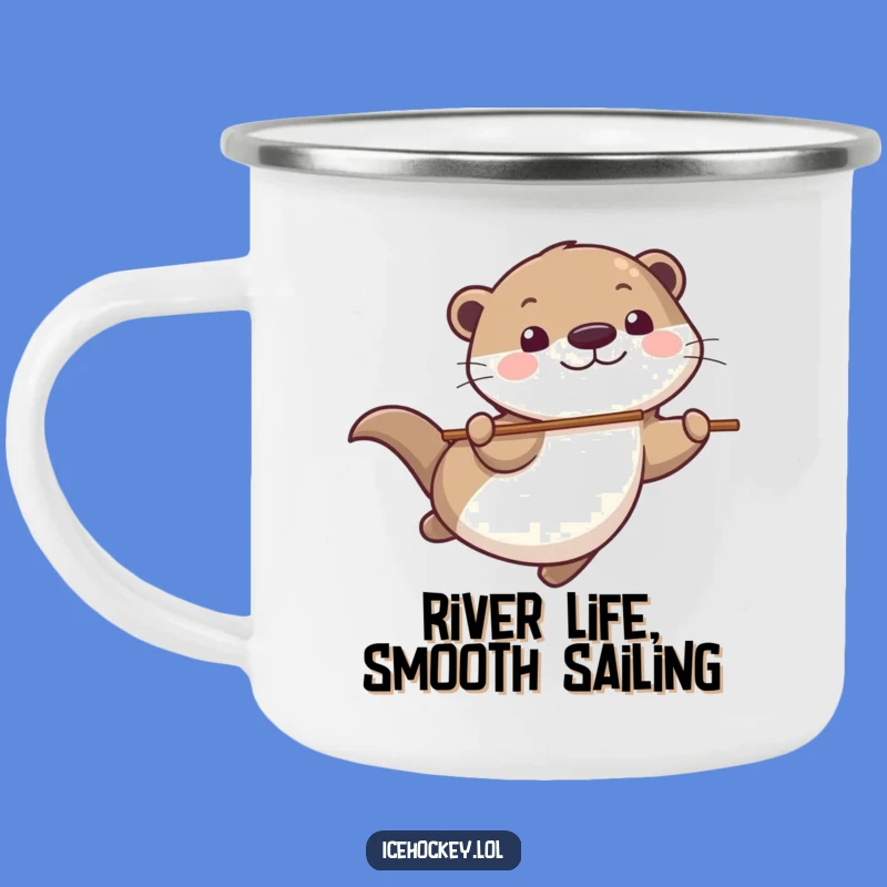 Funny Otter Hockey Camping Mug: Enamel Otter Gliding, Outdoor Funny Gift