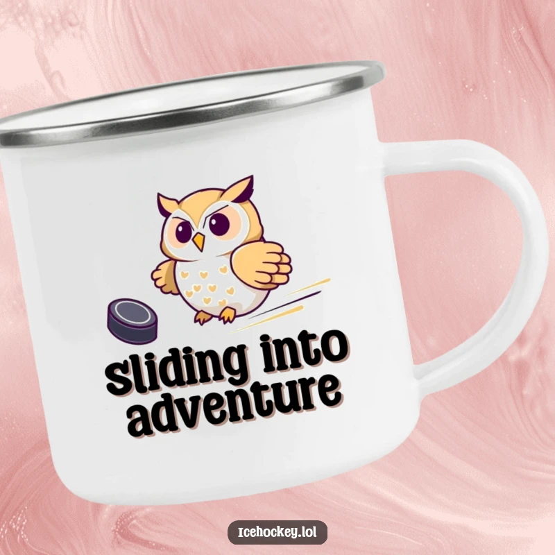 Funny Owl Hockey Camping Mug, depicting a proud owl sliding with a hockey puck, perfect for outdoor drinks with sports humor.