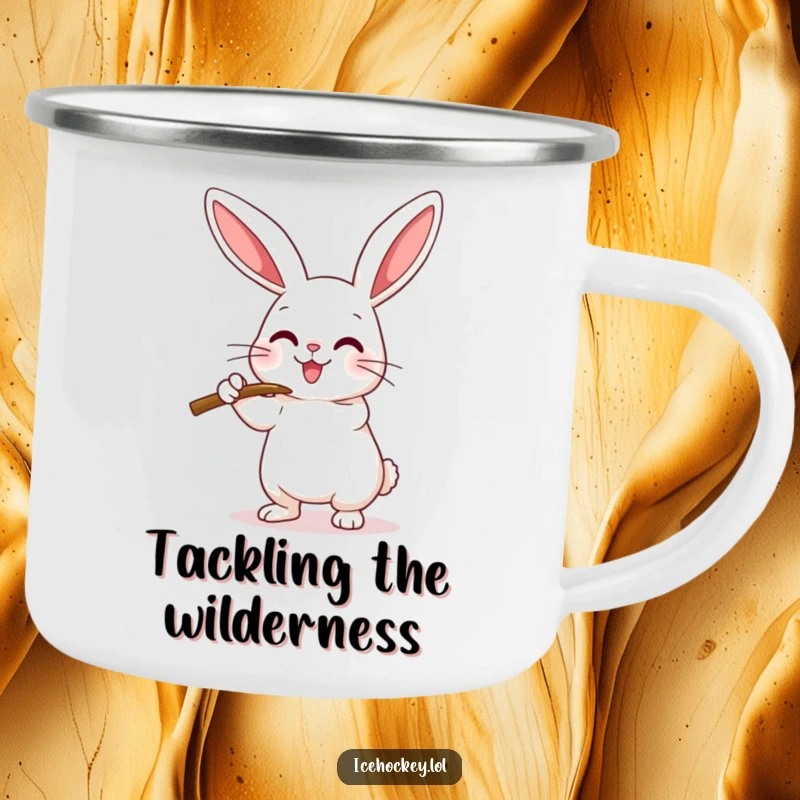 Funny Camping Mug with a happy rabbit playfully checking an imaginary opponent with its hockey stick, built for outdoor fun.
