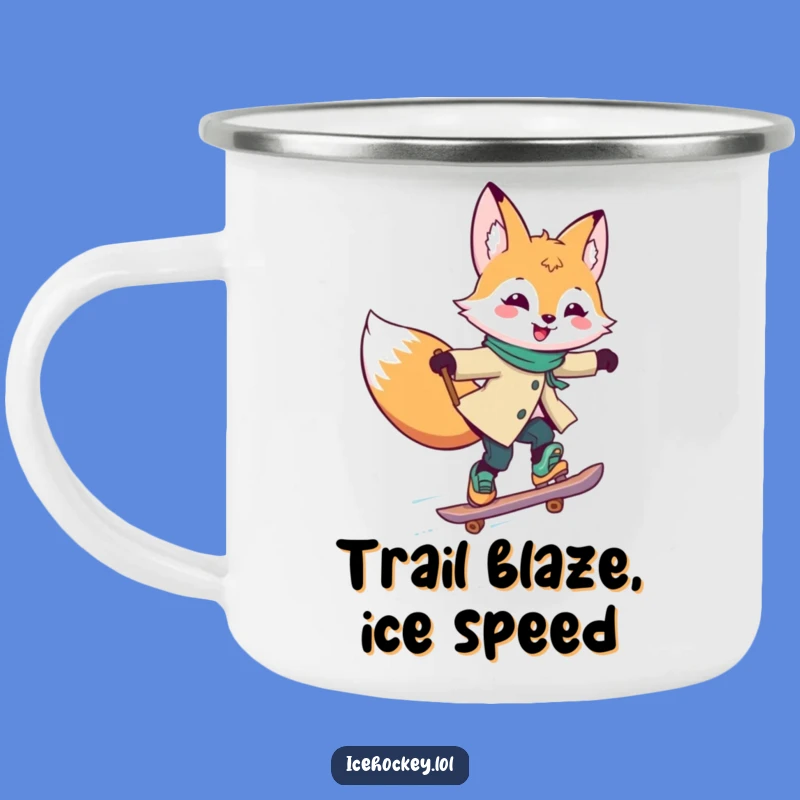Funny Fox Skating Camping Mug: Enamel Fox Gliding Fast, Outdoor Funny Gift