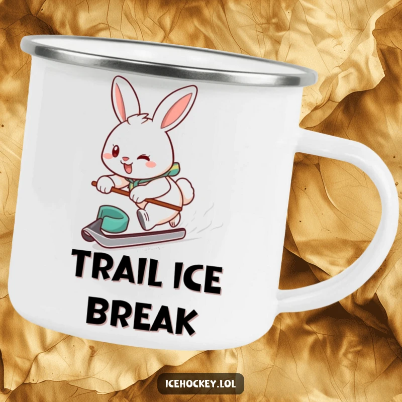 Funny camping mug featuring a determined, smiling bunny swiftly gliding on ice with a hockey puck, ready for adventure.