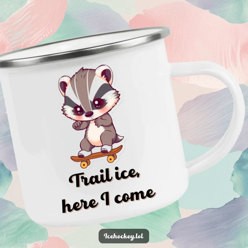 Funny Camping Mug with a badger skating with intense focus, ideal for hiking, camping, and enjoying beverages outdoors.