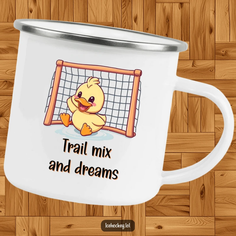 Funny duck camping mug: a grinning duck sliding towards a hockey net during an outdoor adventure, ready for a triumphant sip.