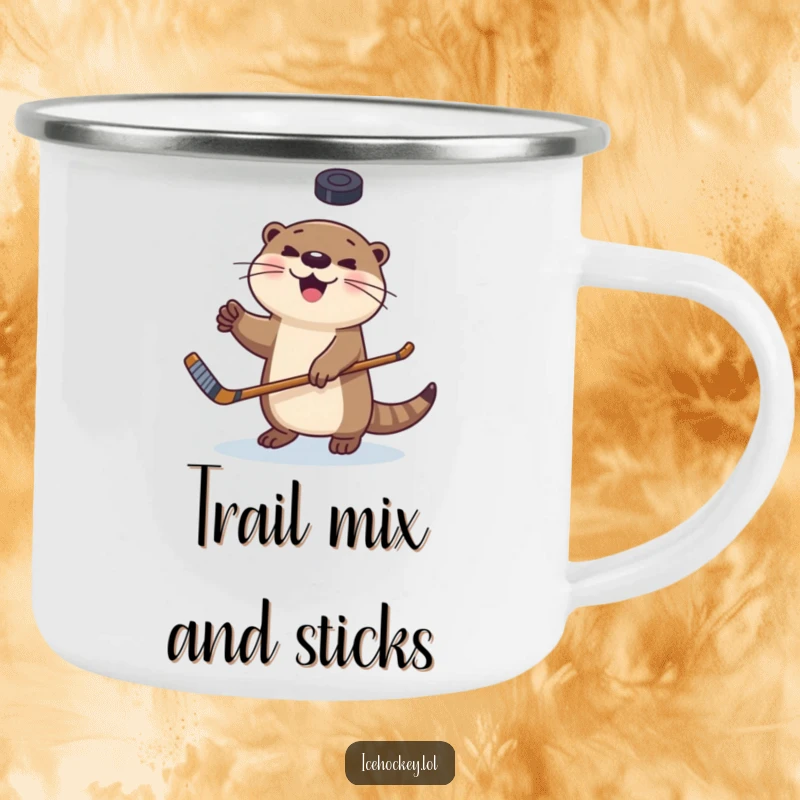 Funny camping mug of a happy otter juggling a hockey puck, durable and humorous for outdoor enthusiasts.