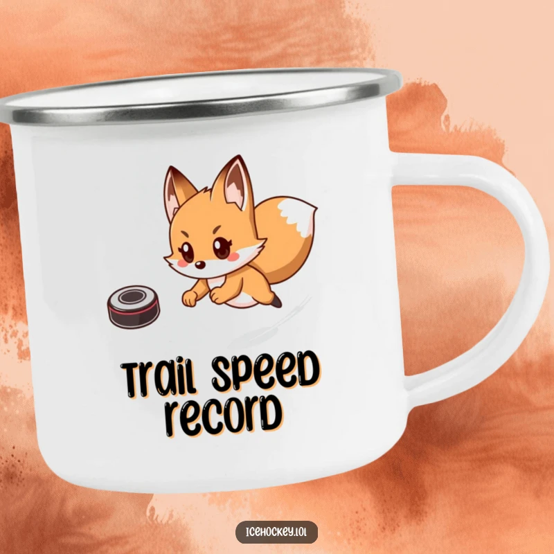 Funny camping mug depicting a playful fox comically fast, skating with a hockey puck, ready for rugged outdoor fun.