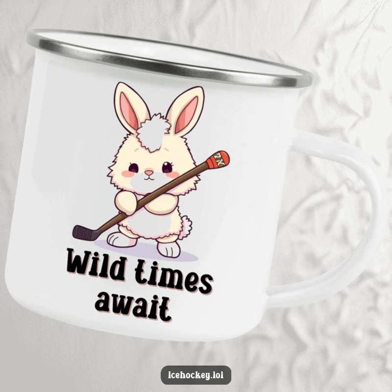 Funny bunny camping mug: a fluffy bunny holding a hockey stick, looking ready for an outdoor adventure, bringing cute determination.