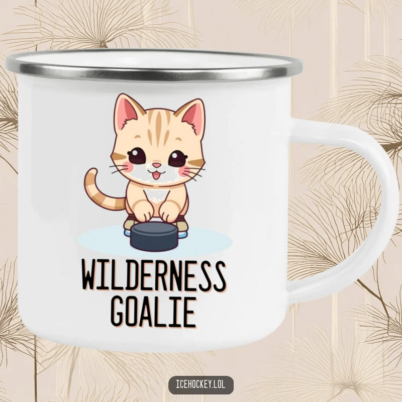 Funny camping mug featuring an alert, happy kitten in skates, stopping a hockey puck, perfect for outdoor humor.