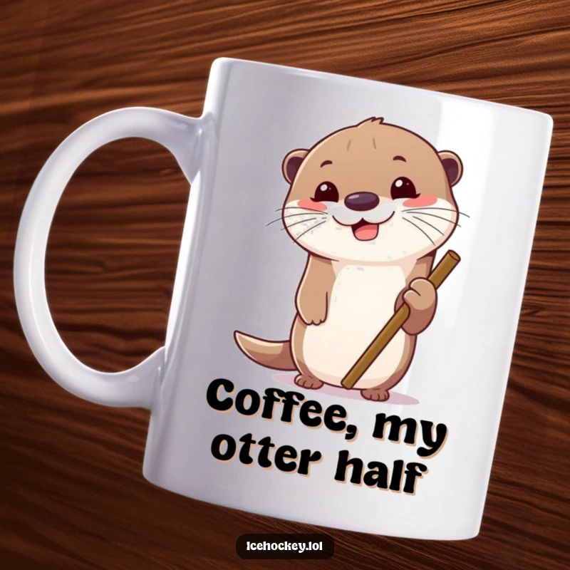 Funny mug showing a cheerful otter gripping an ice hockey stick tightly, intensely focused. A humorous gift.