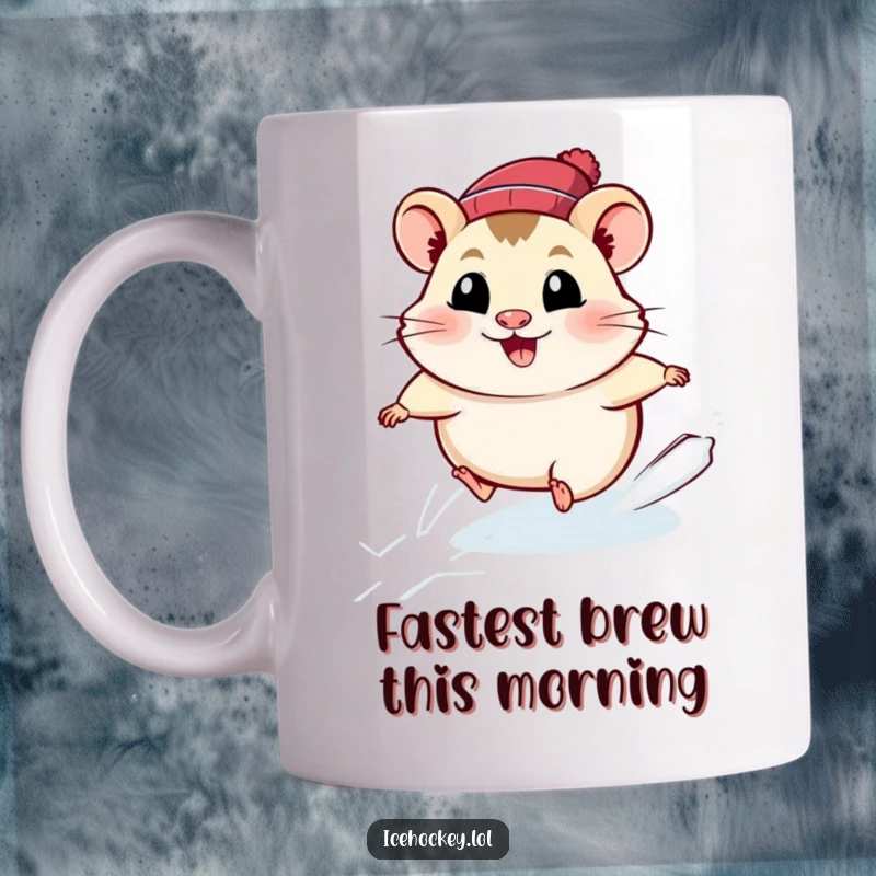 Funny hamster mug with a smiling, determined rodent speeding joyfully across an icy surface, embodying pure exhilaration.