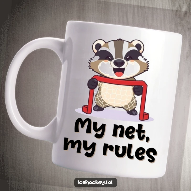 Funny mug showing a giggling badger fiercely guarding a tiny hockey net with intense, comical determination and pride.