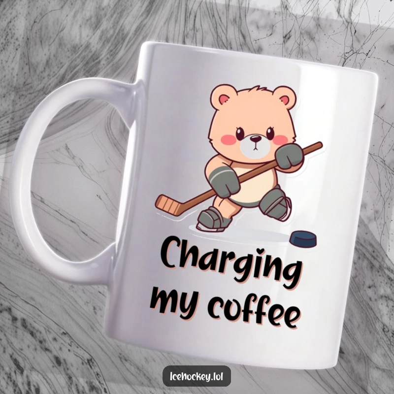 Funny mug: A strong bear charges aggressively forward, hockey stick in paw, with a determined glint and puck at its side.