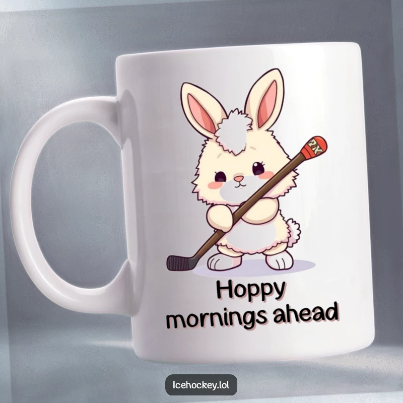 Funny bunny mug: a fluffy bunny holding a hockey stick, looking determined and ready to hit the ice with playful energy.