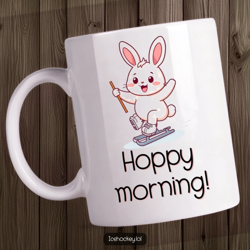 Funny bunny ice skater mug, cheerful bunny gliding on skates, stick held high, smiling and joyful, winter fun.