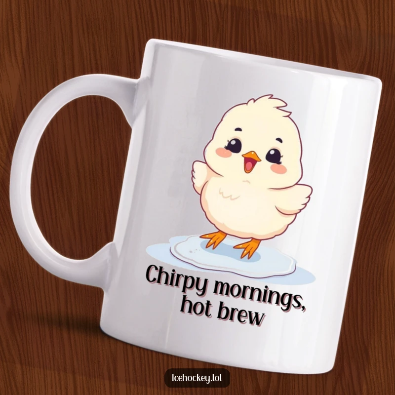Funny Mug featuring a fluffy chick sliding on ice with immense glee and happiness, capturing pure joy.