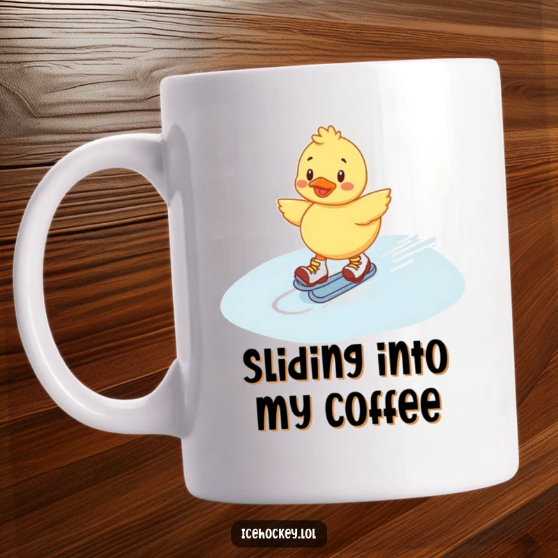 Funny Duckling Mug: Cheerful duckling gracefully sliding across ice on roller skates, full of happy motion.