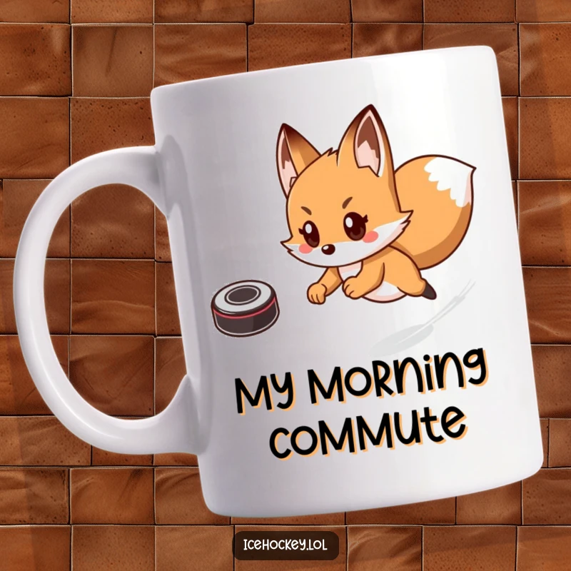 Funny mug featuring a playful fox in mid-chase, comically fast as it pursues a hockey puck across the ice.