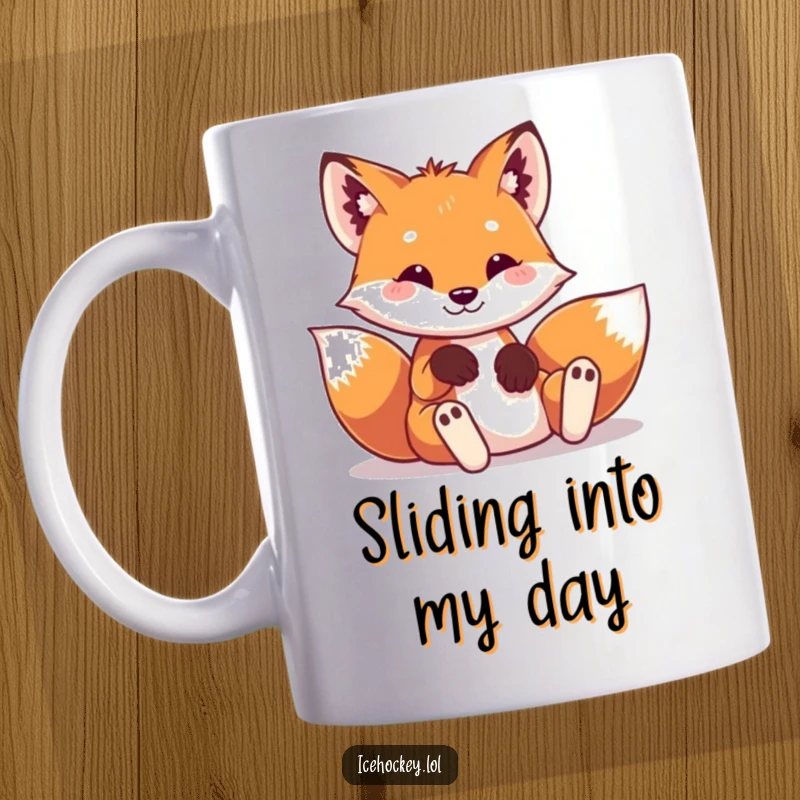 Funny mug featuring a playful fox wearing tiny hockey pads, sliding into a comical pose.