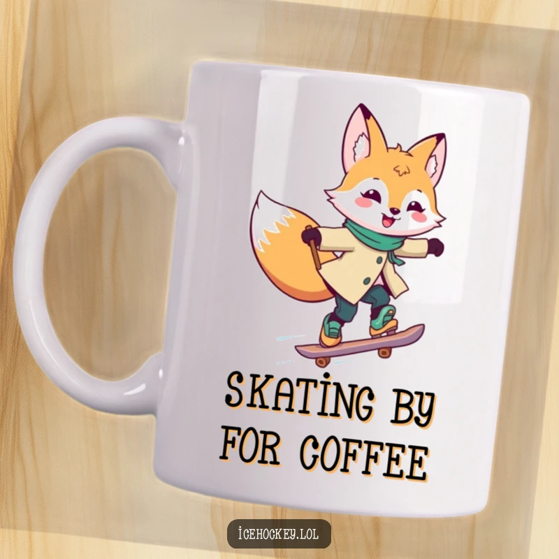 Funny Mug showing a joyful fox skating rapidly with its stick held high, conveying speed, happiness, and playful energy.