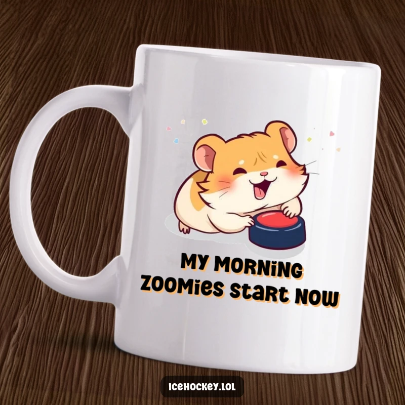 Funny mug: A giggling hamster slides on its belly across the ice, comically chasing a hockey puck with pure joy.