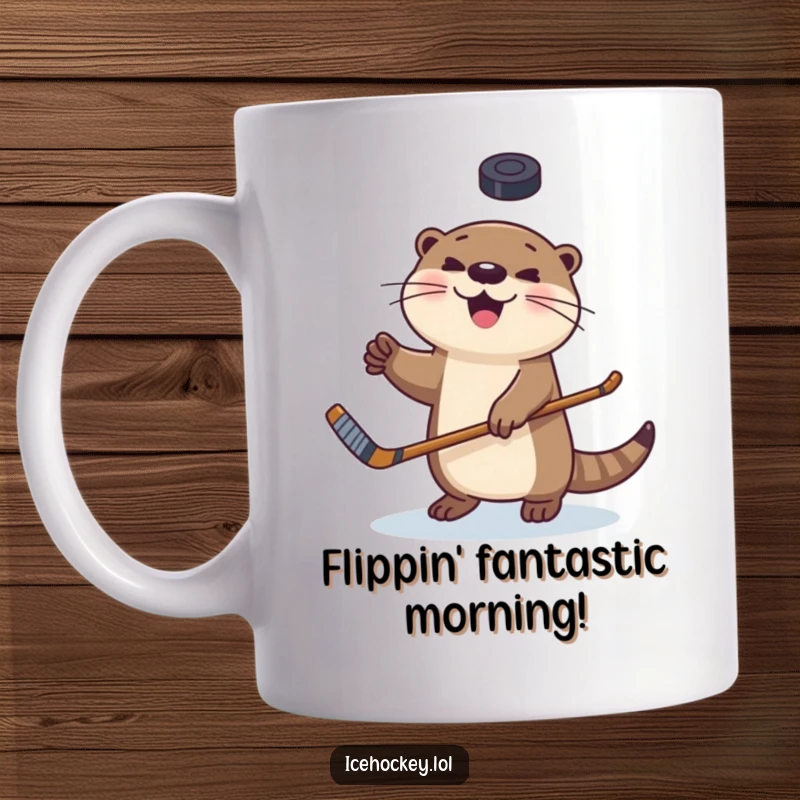 Funny mug showing a happy otter skillfully juggling a hockey puck with its stick, celebrating sports and fun.