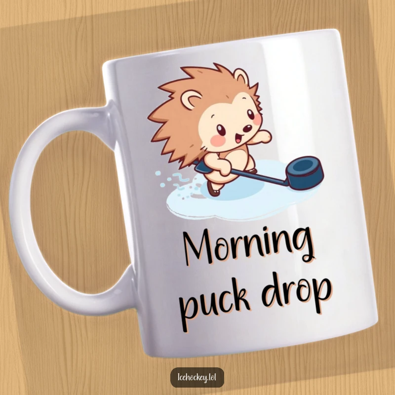 Funny mug featuring a determined hedgehog fast-skating across ice with a hockey puck, ready to score.
