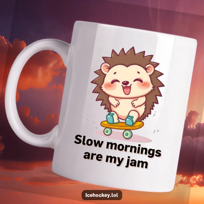 Funny hedgehog mug: a cute, giggling critter wobbling precariously while attempting a skate turn, expressing pure, unadulterated joy and mild panic.