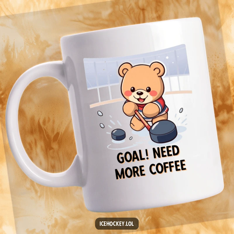 Funny Mug with a determined bear powerfully shooting a hockey puck towards the net with intense focus and a playful spirit.