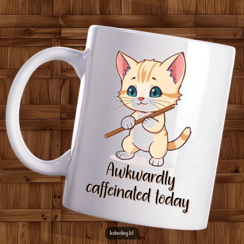 Funny mug: A cute, wobbly kitten awkwardly tries to block a hockey puck with its stick, looking hilariously determined.