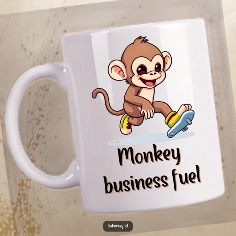 Funny mug showing a mischievous monkey tripping comically over its own ice skates. A humorous gift.