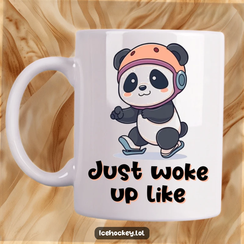 Funny panda mug: a cute panda wearing a helmet, comically tripping while on roller skates, showcasing a moment of adorable mishap.