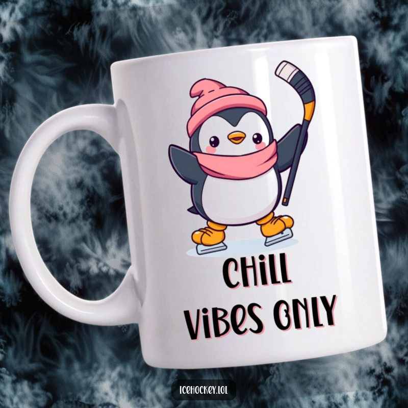 Funny mug of a joyful penguin with a hockey stick held high, mid-skate, radiating happiness and playful energy.