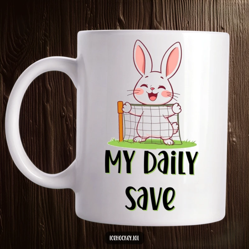 Funny cheerful rabbit joyfully defending a miniature net on a mug, a whimsical sports-themed illustration.
