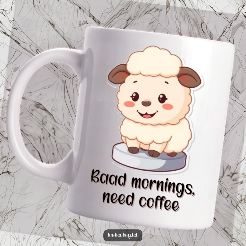 Funny Sheep Mug featuring a fluffy cartoon sheep blocking a puck with a big smile, acting as a goalie, perfect for coffee lovers.