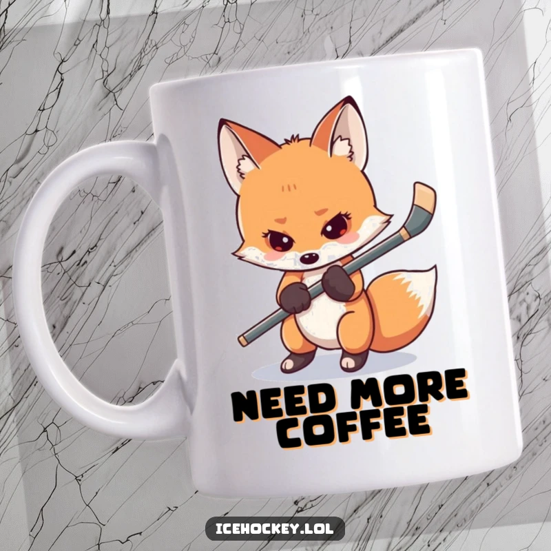 Funny shy fox mug showing a nervous fox gripping its hockey stick tightly, perfect for hockey players who appreciate relatable humor.