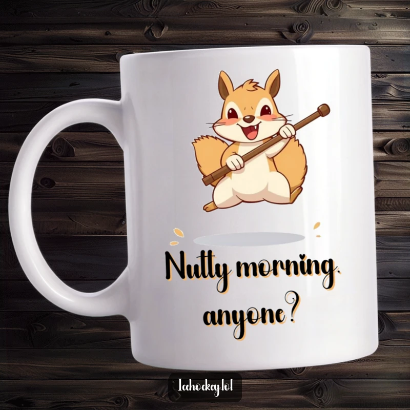 Funny squirrel mug, a cheerful bushy-tailed animal leaps to block a shot with its stick, showcasing its goalie skills with a funny expression.