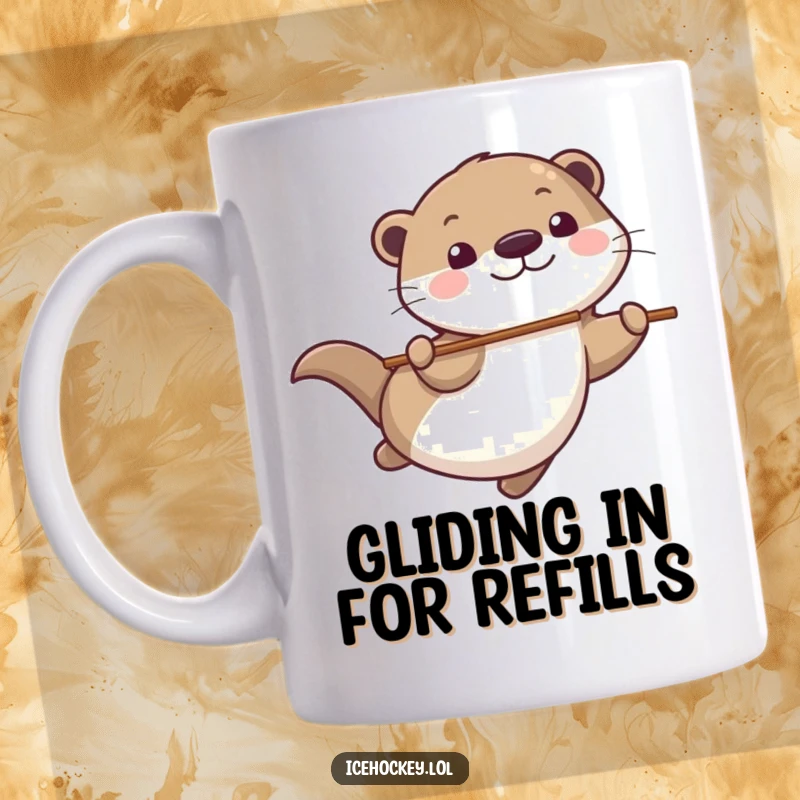 Funny Mug showing a playful otter gliding smoothly, stick in tow, with a wide grin, conveying pure joy and fun.