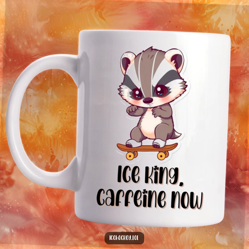 Funny Mug featuring a badger skating with extreme concentration and intensity, showcasing athletic focus.