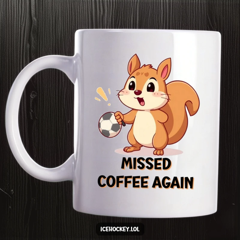 Funny mug showing a surprised squirrel comically missing a soccer goal with a shot, embodying a close call.