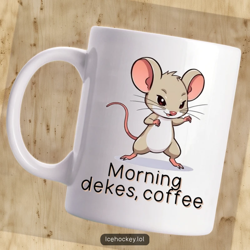 Funny Mug: A determined mouse skillfully dekes around an opponent in a hockey game, showing impressive agility.