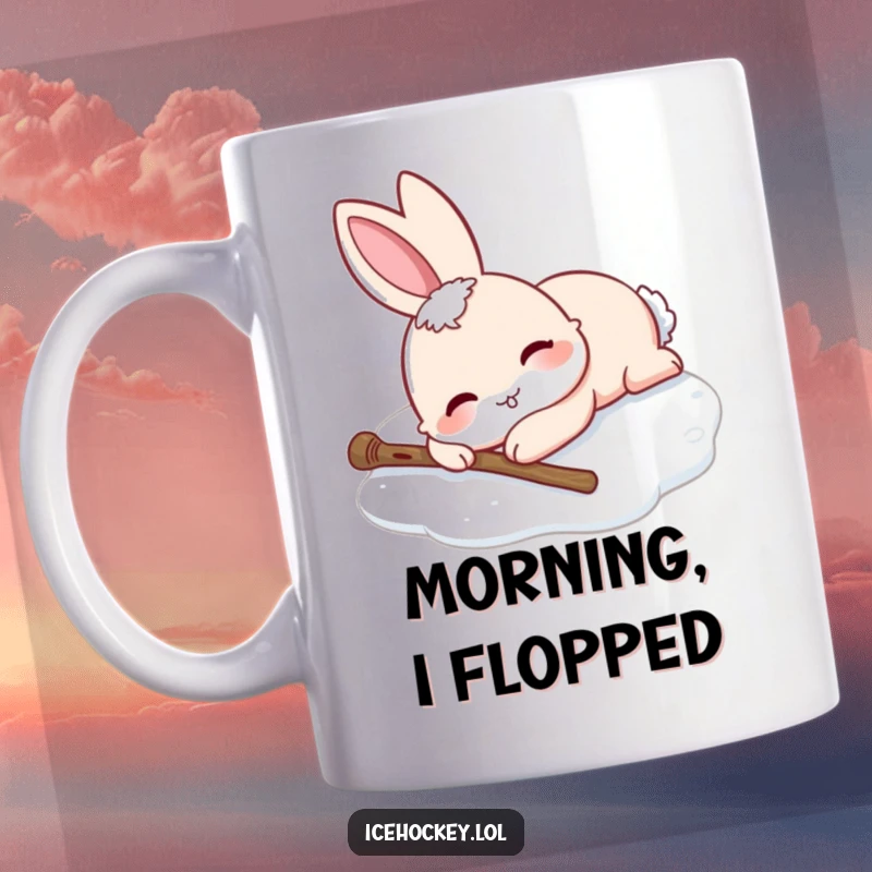 Funny mug featuring a smiling rabbit sprawled happily on ice skates, stick nearby. A humorous gift.