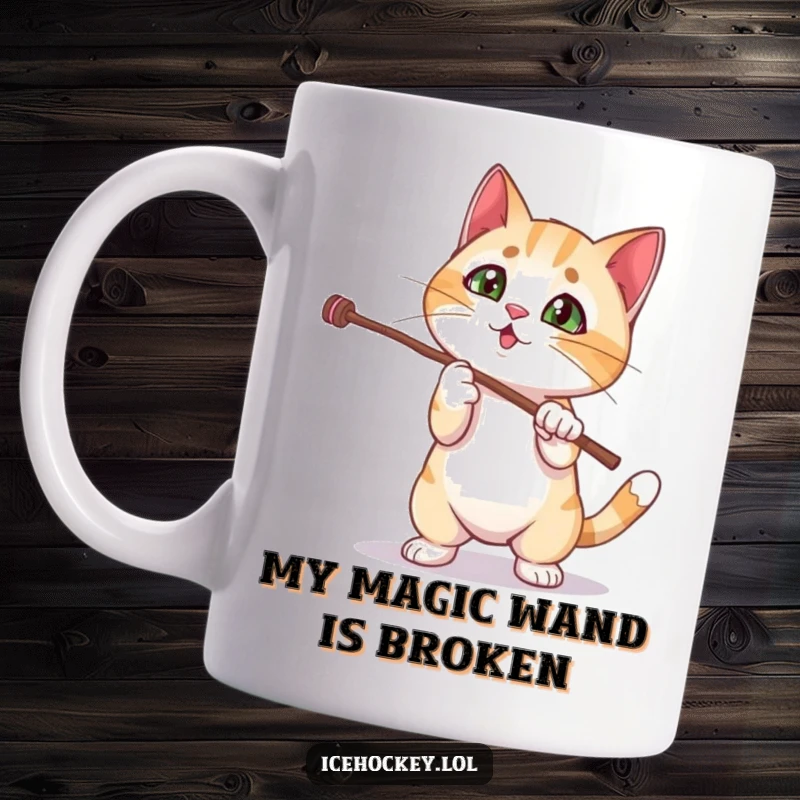 Funny cat mug featuring a curious kitten attempting a stick trick with a look of intense concentration but clear confusion.