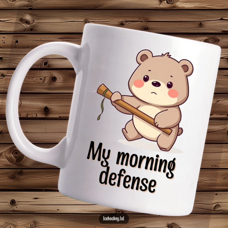 Funny Bear Hockey Mug: A proud bear fiercely guards the net with a large stick, embodying determination and humor.