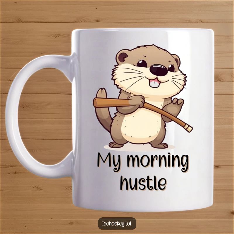 Funny mug depicting a happy, fluffy otter aggressively checking an opponent with a hockey stick, embodying fierce and humorous sports action.