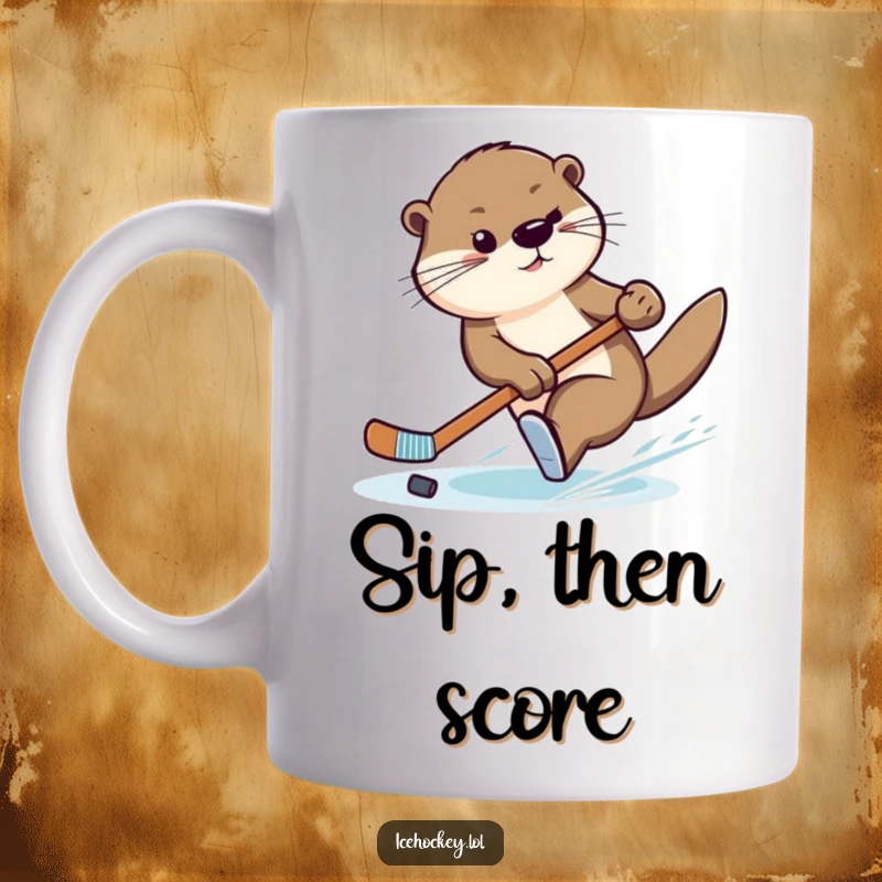 Funny mug depicting a graceful otter doing a swift turn on ice with a hockey stick, showcasing smooth moves.