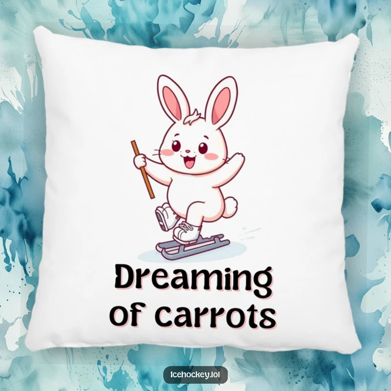 Funny bunny ice skater pillow, cheerful bunny gliding on skates, stick held high, soft and decorative, perfect funny gift.