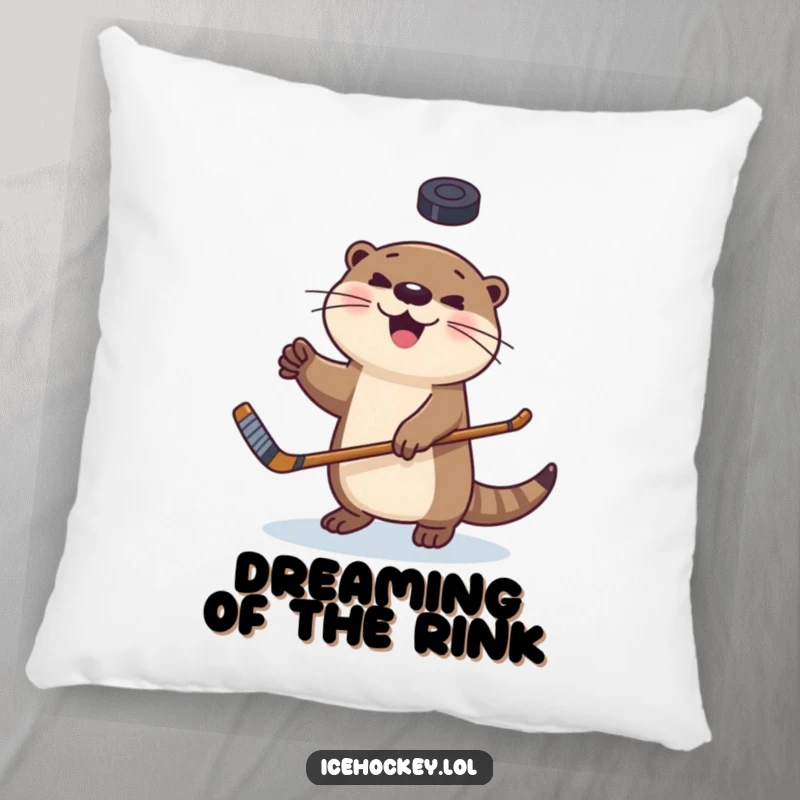 Funny pillow featuring a happy otter juggling a hockey puck, adding a touch of playful sports humor to any room.
