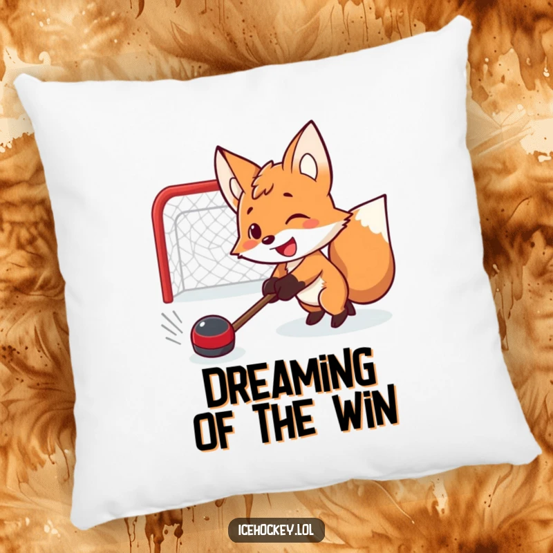 Funny pillow featuring a smiling fox with a determined expression, shooting a hockey puck, perfect for home decor humor.