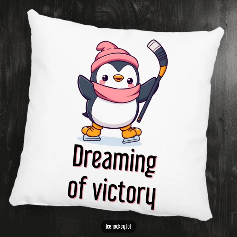 Funny pillow depicting a cheerful penguin holding a hockey stick high, mid-skate, radiating infectious happiness and warmth.