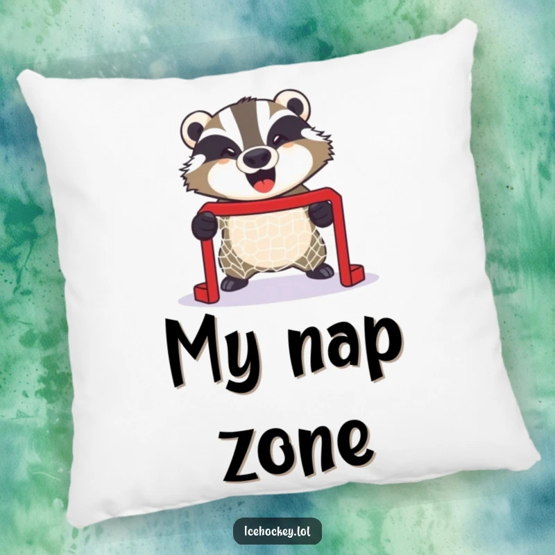 Funny pillow with a giggling badger fiercely guarding a tiny hockey net, offering comfort and a dose of fierce playfulness.
