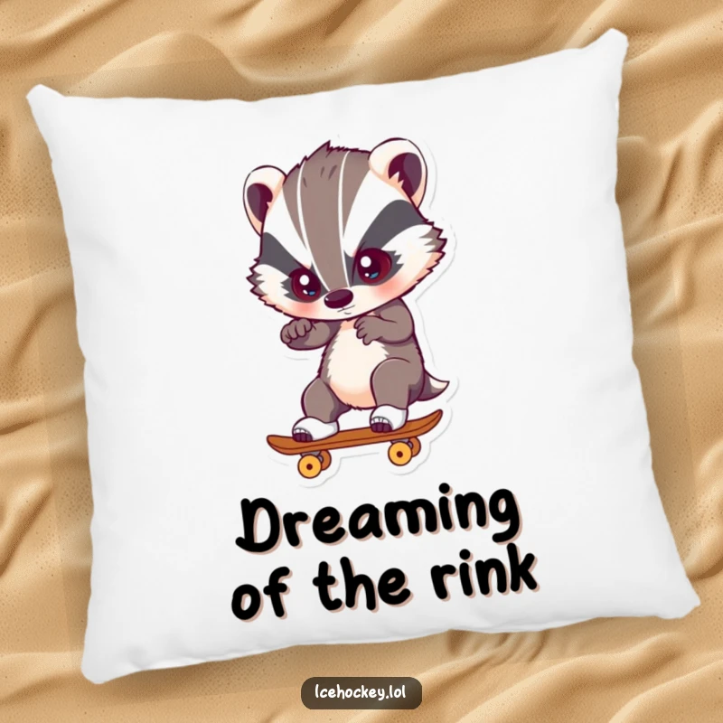 Funny Pillow featuring a badger skating with intense focus, adding a humorous and athletic touch to home decor.